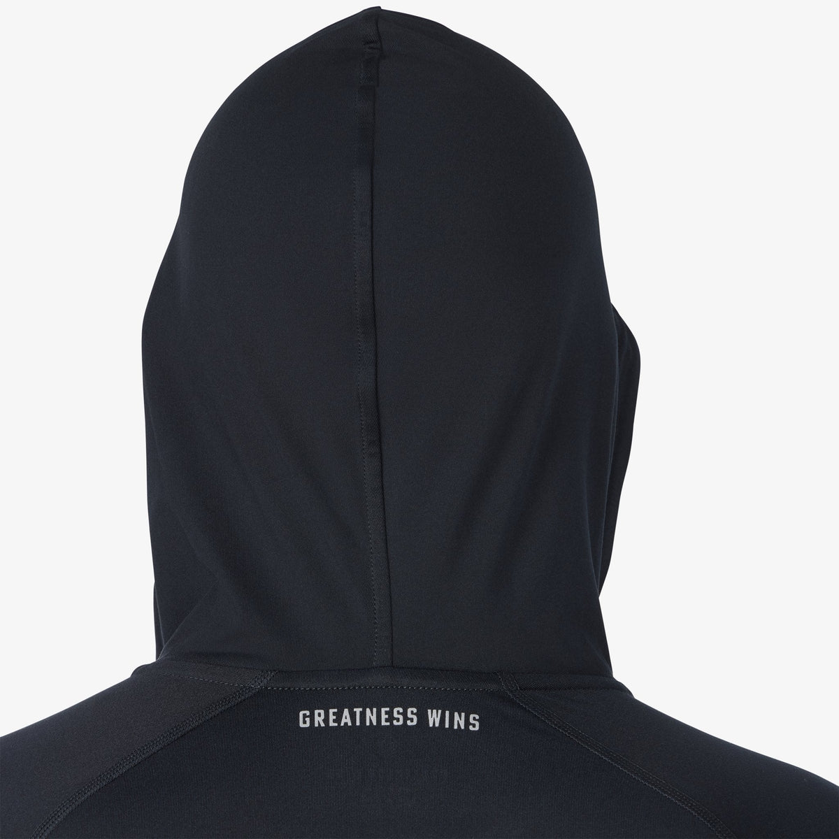 Black hooded quarter-zip pullover, back view; 'GREATNESS WINS' on hood