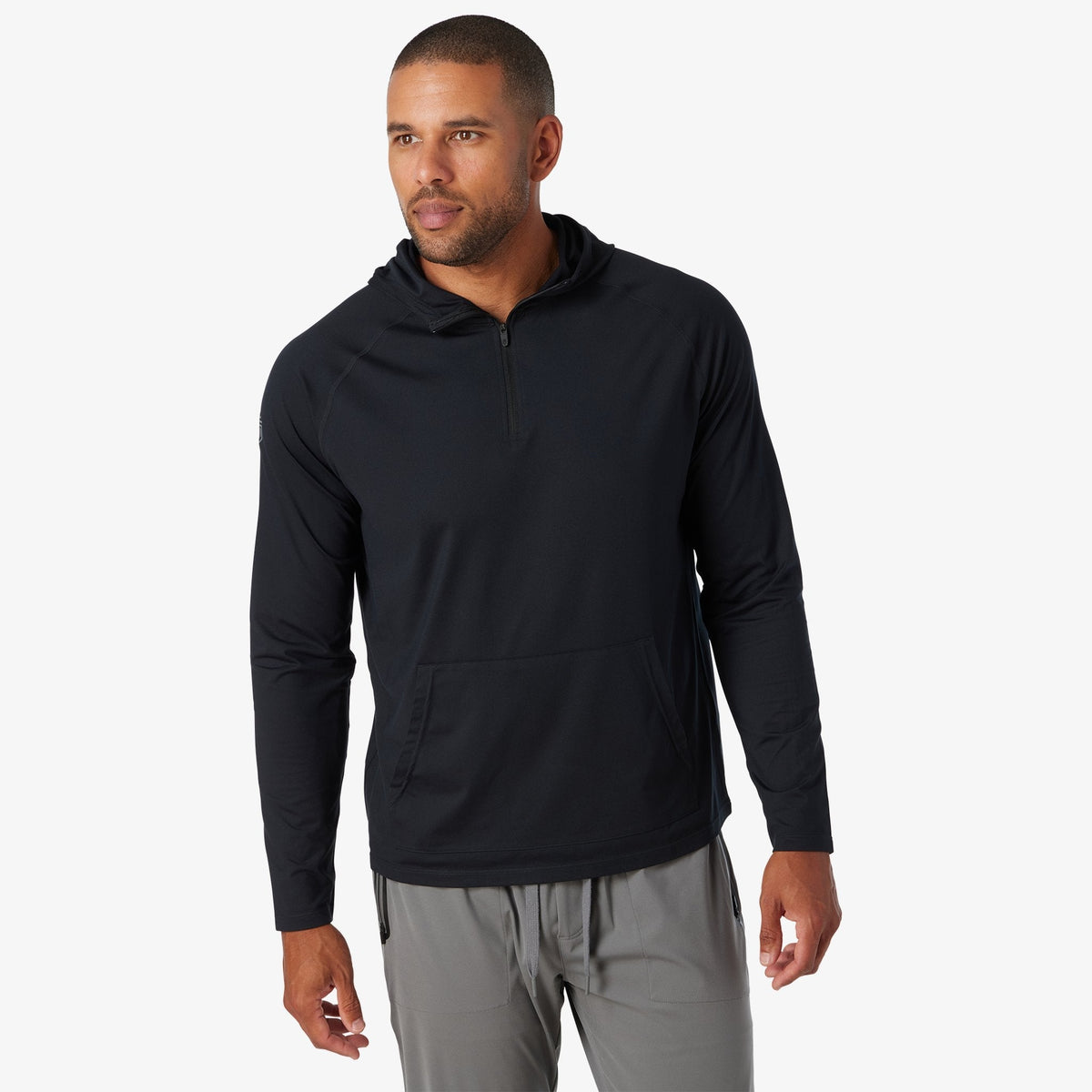 Black quarter-zip hooded pullover, front view, with kangaroo pocket