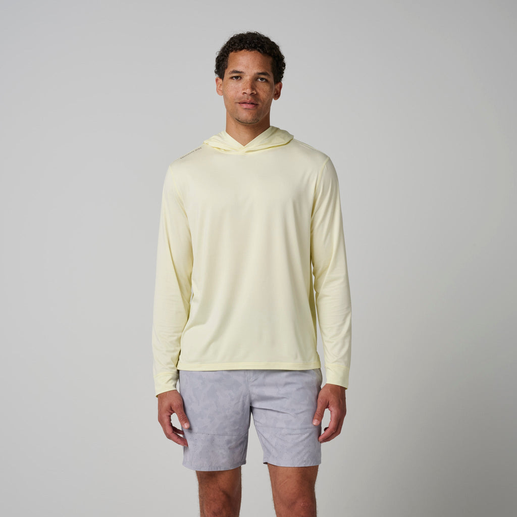 Light yellow pullover hoodie with hood and kangaroo pocket, long sleeves