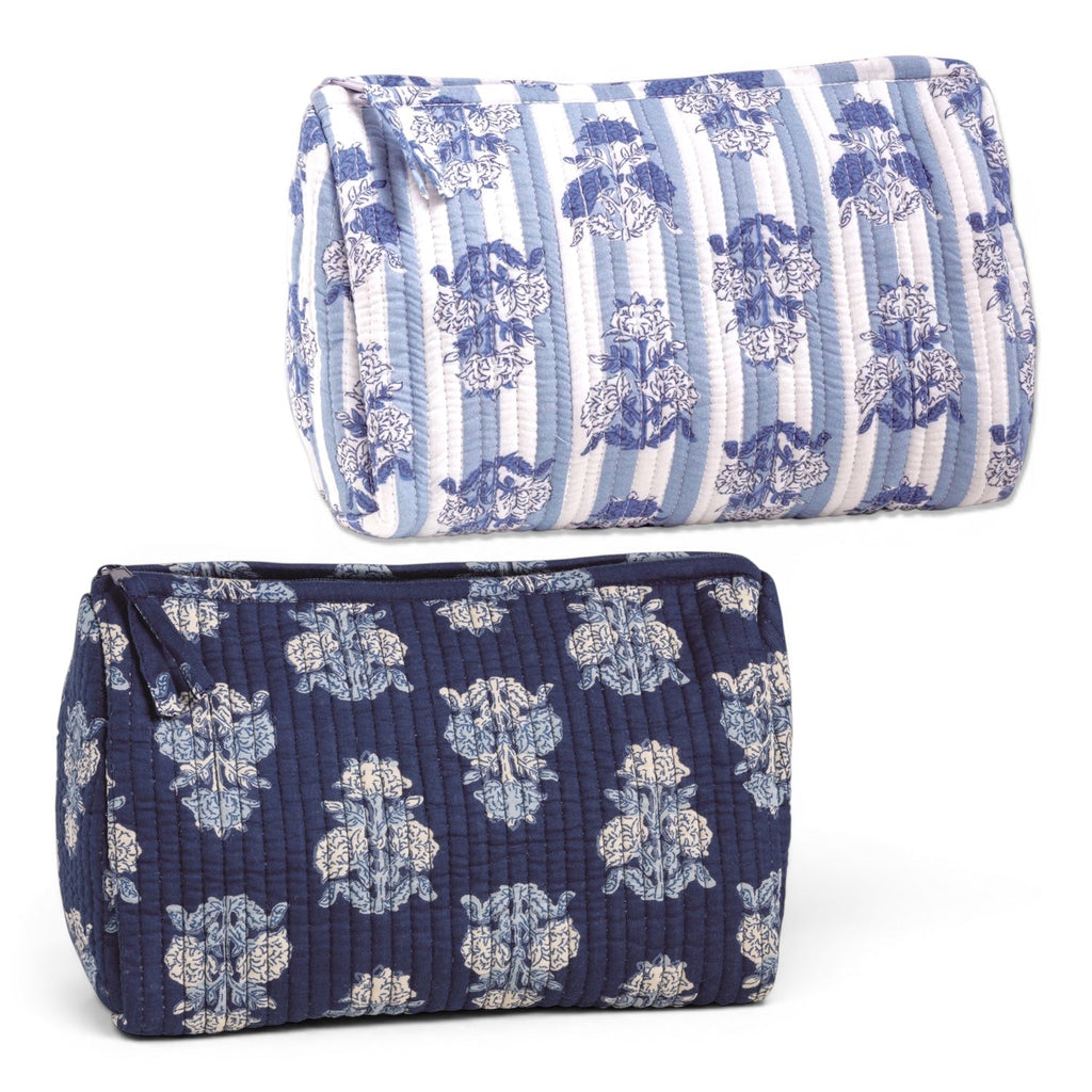 Quilted cosmetic zip pouch, light blue striped floral print with rounded edges
