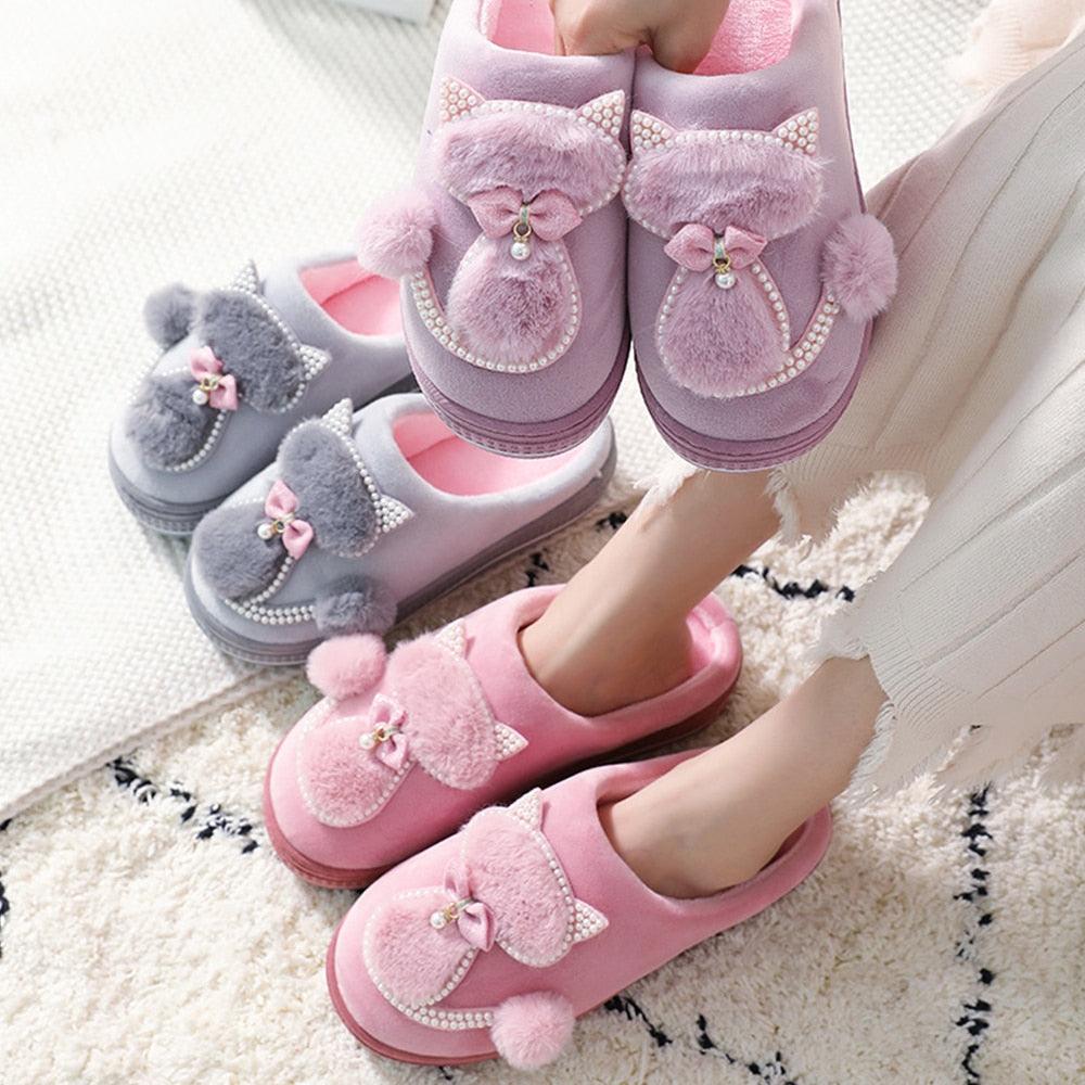 Pink and gray plush cotton slippers with bow applique, rhinestone accents, and thick sole