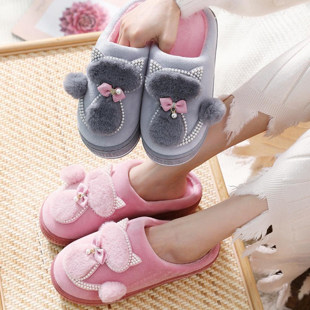 Gray and pink plush cotton slippers with bow applique, rhinestone accents, and padded lining