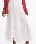 White cotton gauze skirt with elastic waistband and flowing A-line hem
