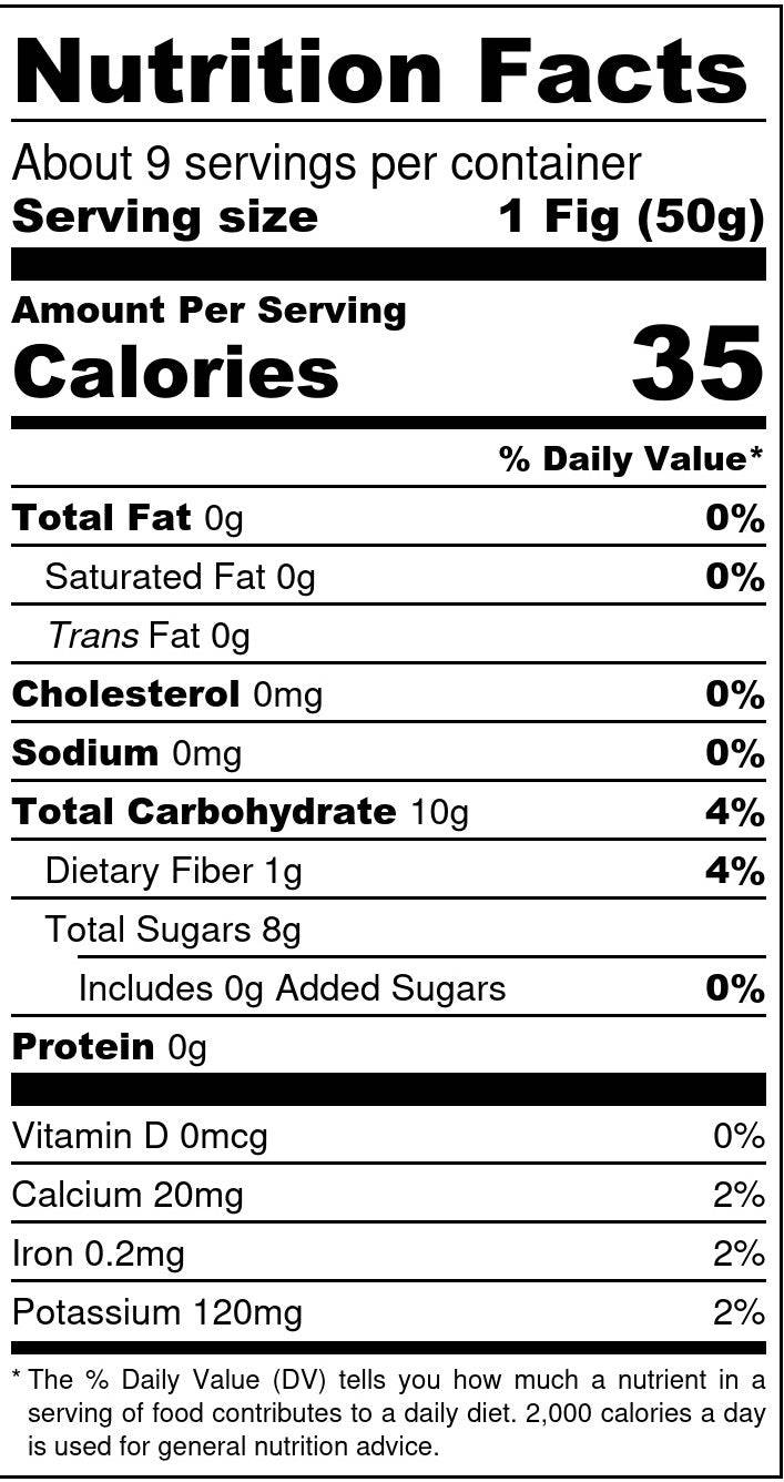 Nutrition Facts label: 1 fig (50 g), 35 calories