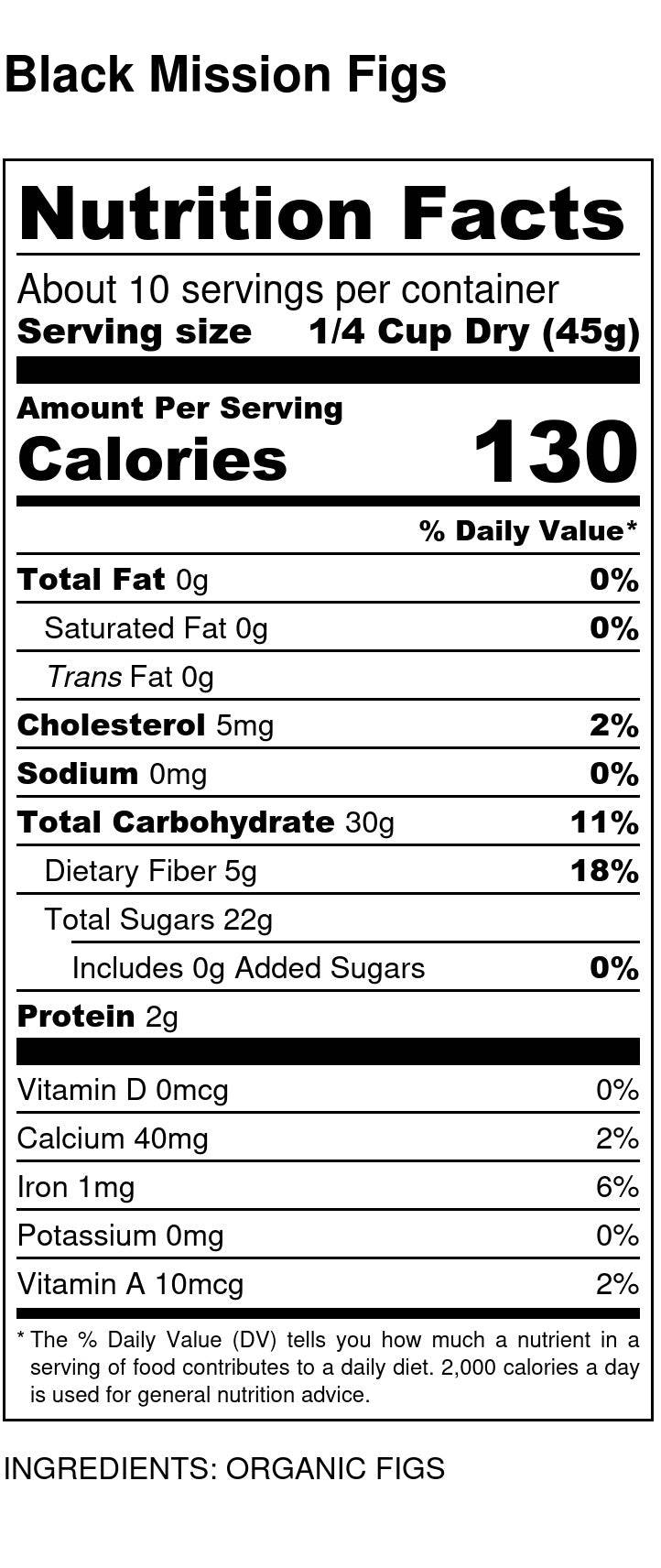 Nutrition Facts label for organic black Mission figs: 130 calories per serving