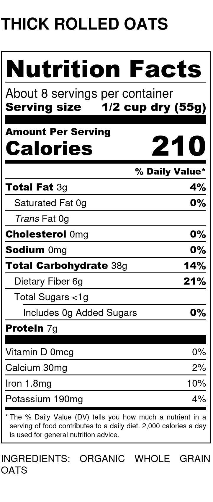 Nutrition Facts label for thick rolled oats, serving and calorie details