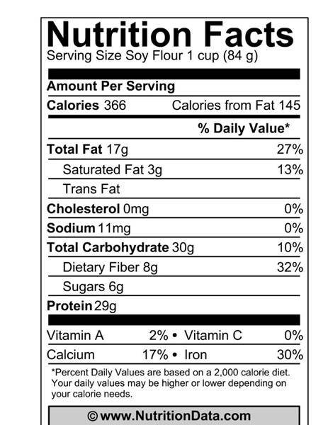 Nutrition Facts panel for soy flour, serving size 1 cup (84 g)