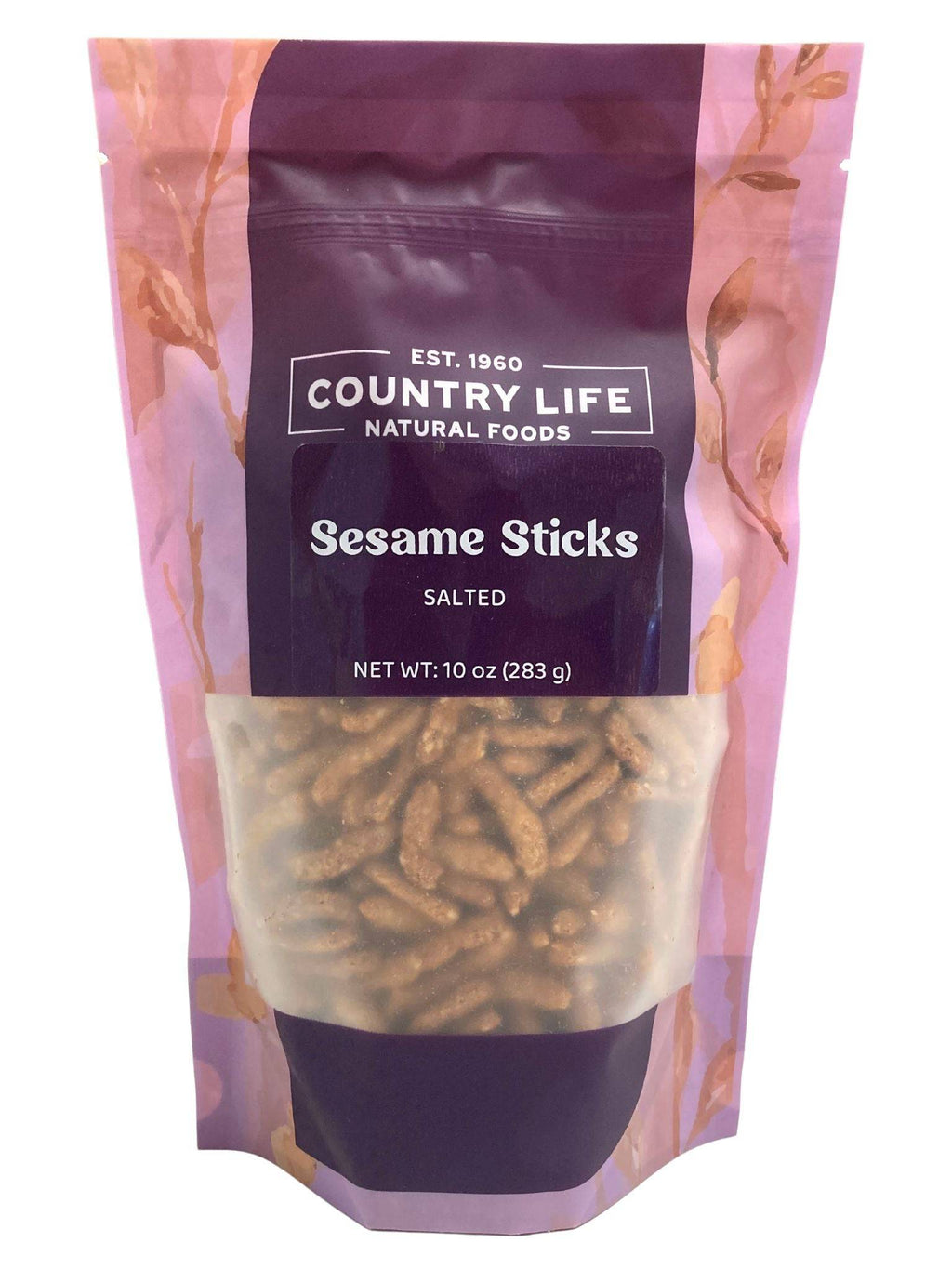 Salted sesame sticks pouch with front label and sesame stick photo