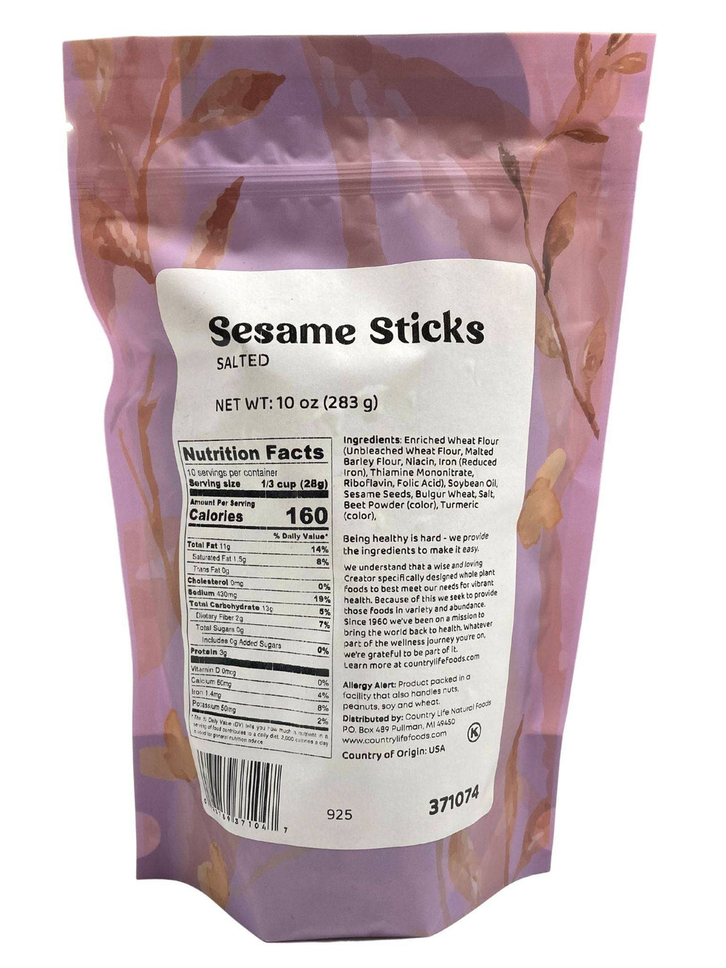 Salted sesame sticks pouch back with nutrition facts and barcode