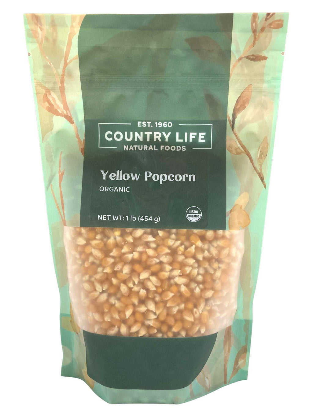 Organic yellow popcorn in stand-up bag, Country Life Natural Foods label, 1 lb