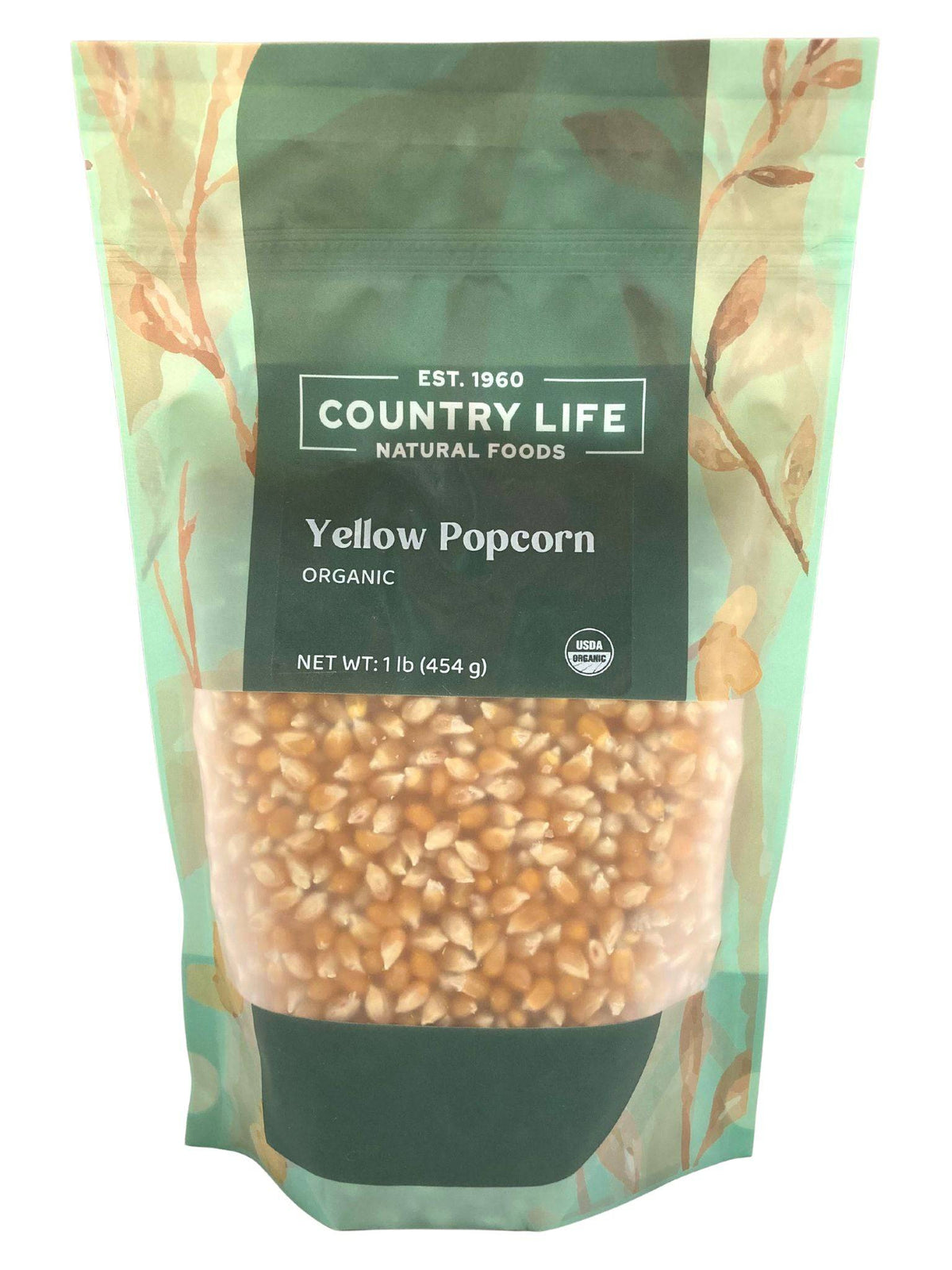 Organic yellow popcorn in stand-up bag, Country Life Natural Foods label, 1 lb