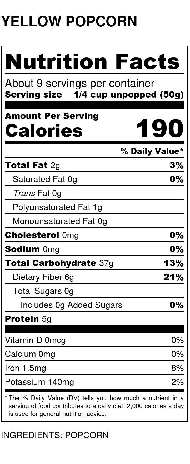 Nutrition Facts label for organic yellow popcorn, serving size 1/4 cup (50 g)