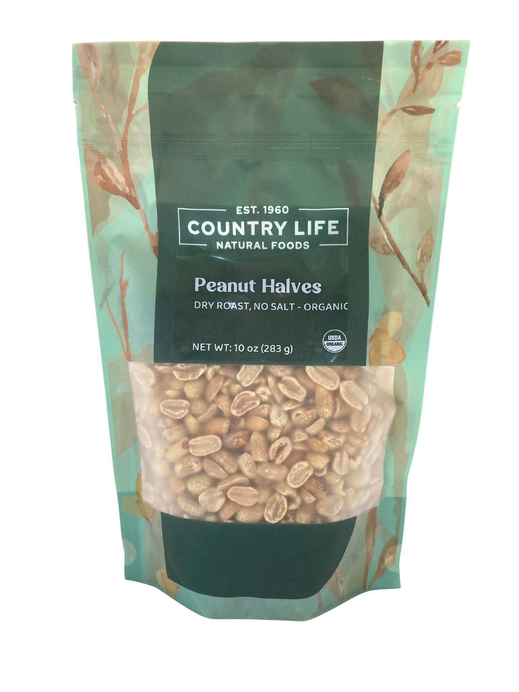 Stand-up pouch of organic dry-roasted no-salt peanut halves