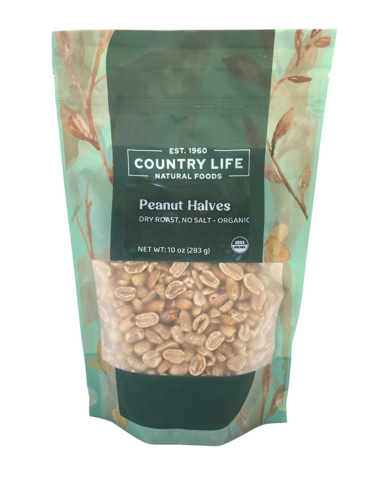 Stand-up pouch of organic dry-roasted no-salt peanut halves