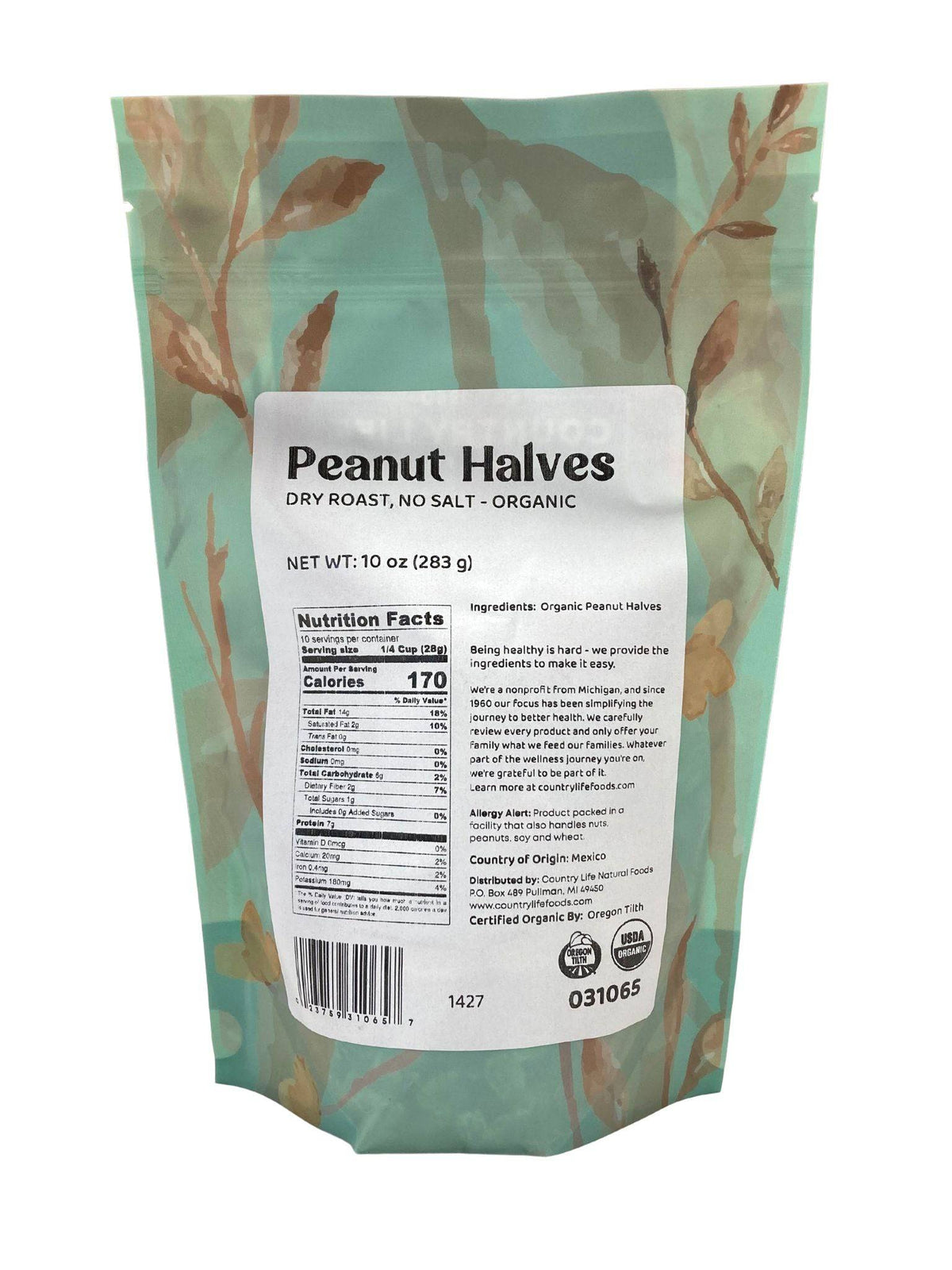 Back panel of organic peanut halves pouch with Nutrition Facts