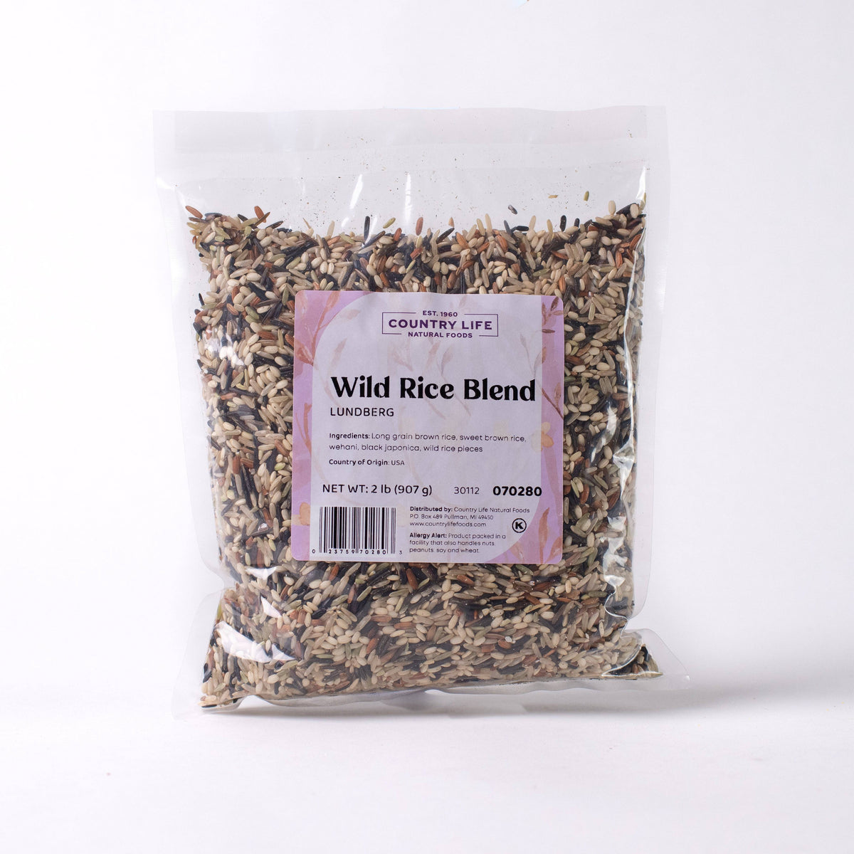 Wild Rice Blend by Lundberg, clear bag with purple label and mixed rice grains