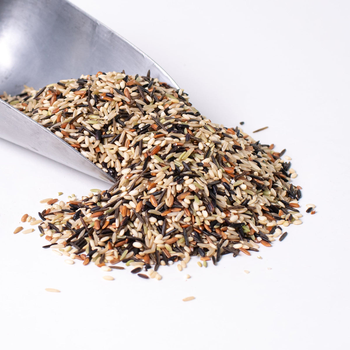 Wild Rice Blend by Lundberg, uncooked mixed wild rice in metal scoop
