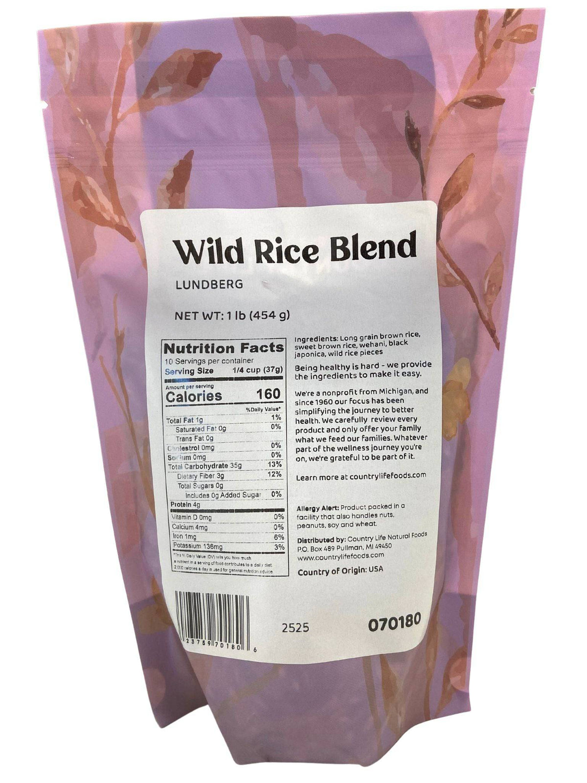 Wild Rice Blend by Lundberg, back-of-pack nutrition and barcode on standing pouch
