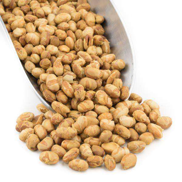 Dry roasted soy nuts in bowl, light tan kernels