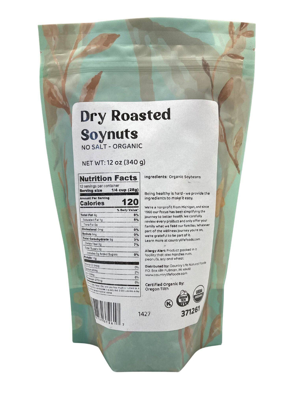 Back of dry roasted soy nut pouch with nutrition and ingredient information