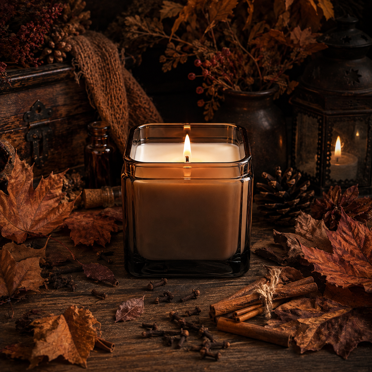 Soy jar candle in clear amber glass, lit flame with square jar silhouette.