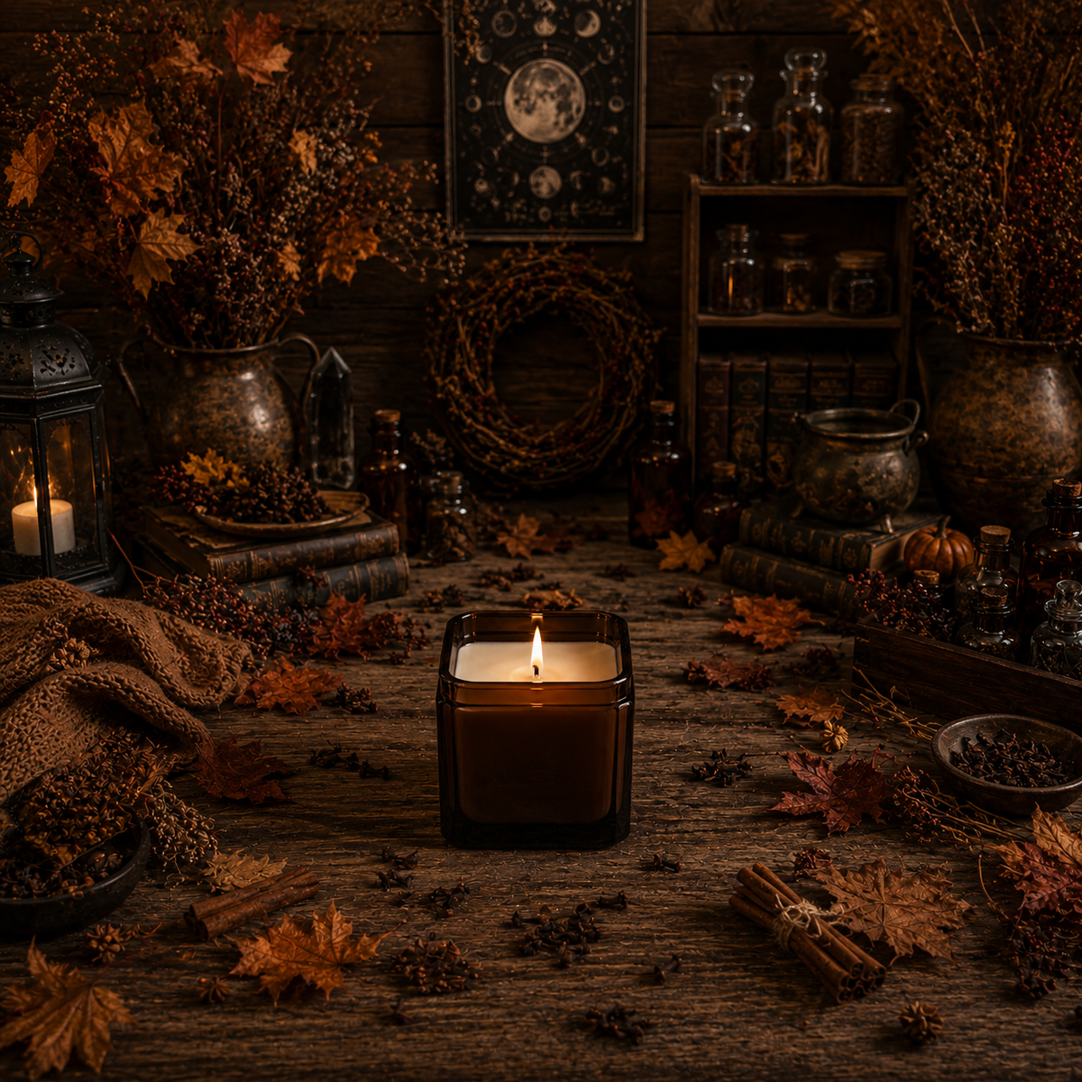 Soy jar candle in amber glass jar, lit wick flame visible above the wax.