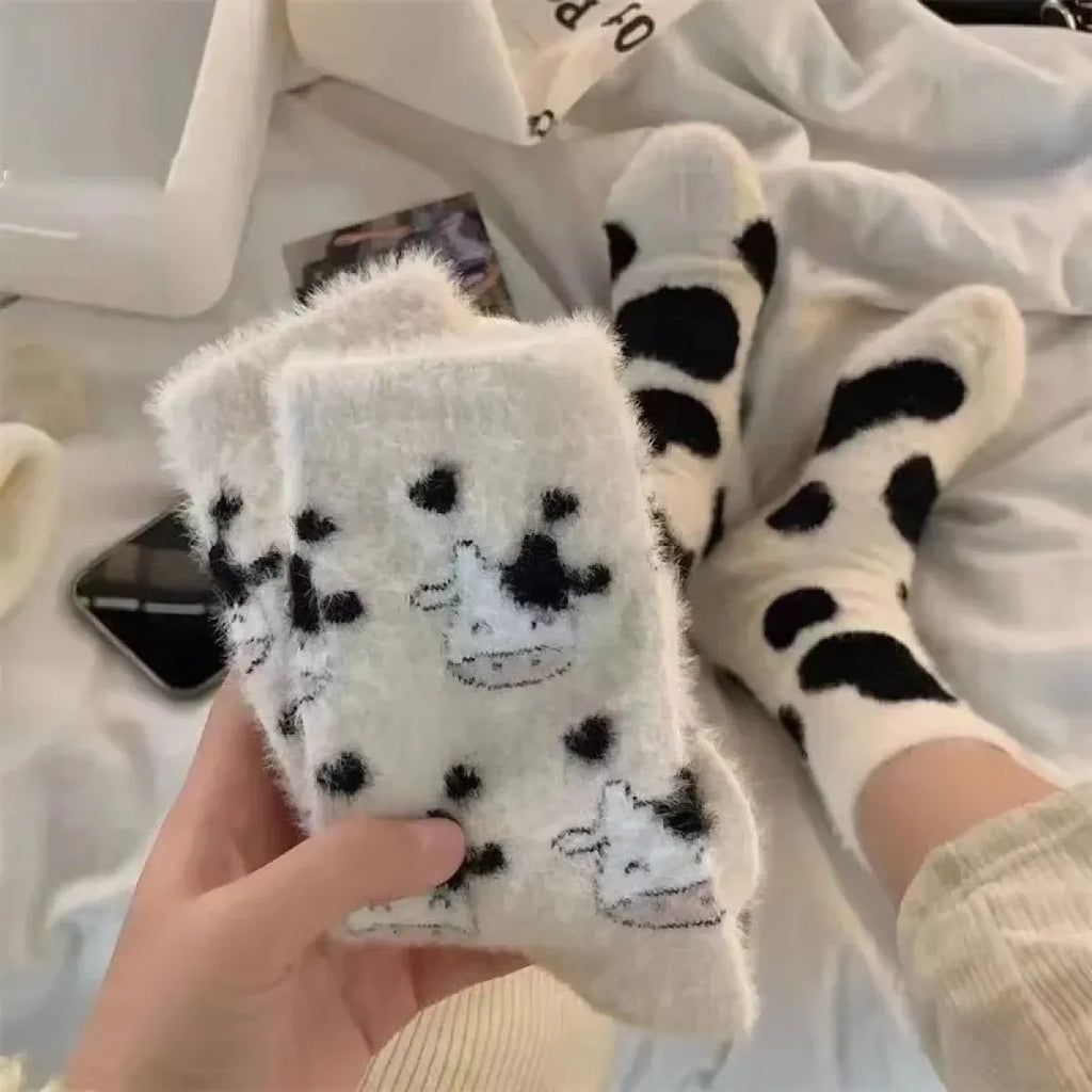 Women’s cow mink velvet socks set, fluffy white with black cow face and paw prints