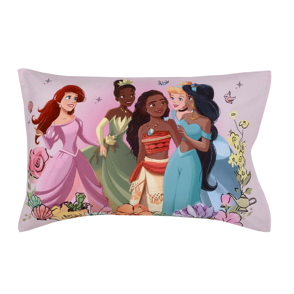 Reversible pillowcase featuring four Disney princesses in pink, green, and blue
