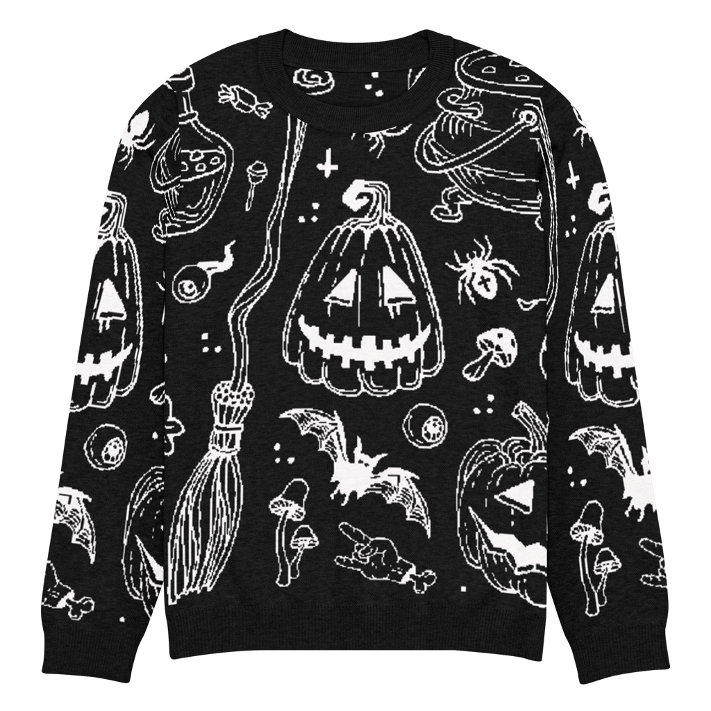 Black knit crewneck sweater with long sleeves and white Halloween-style character graphic print