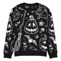 Black knit crewneck sweater with long sleeves and white Halloween-style character graphic print