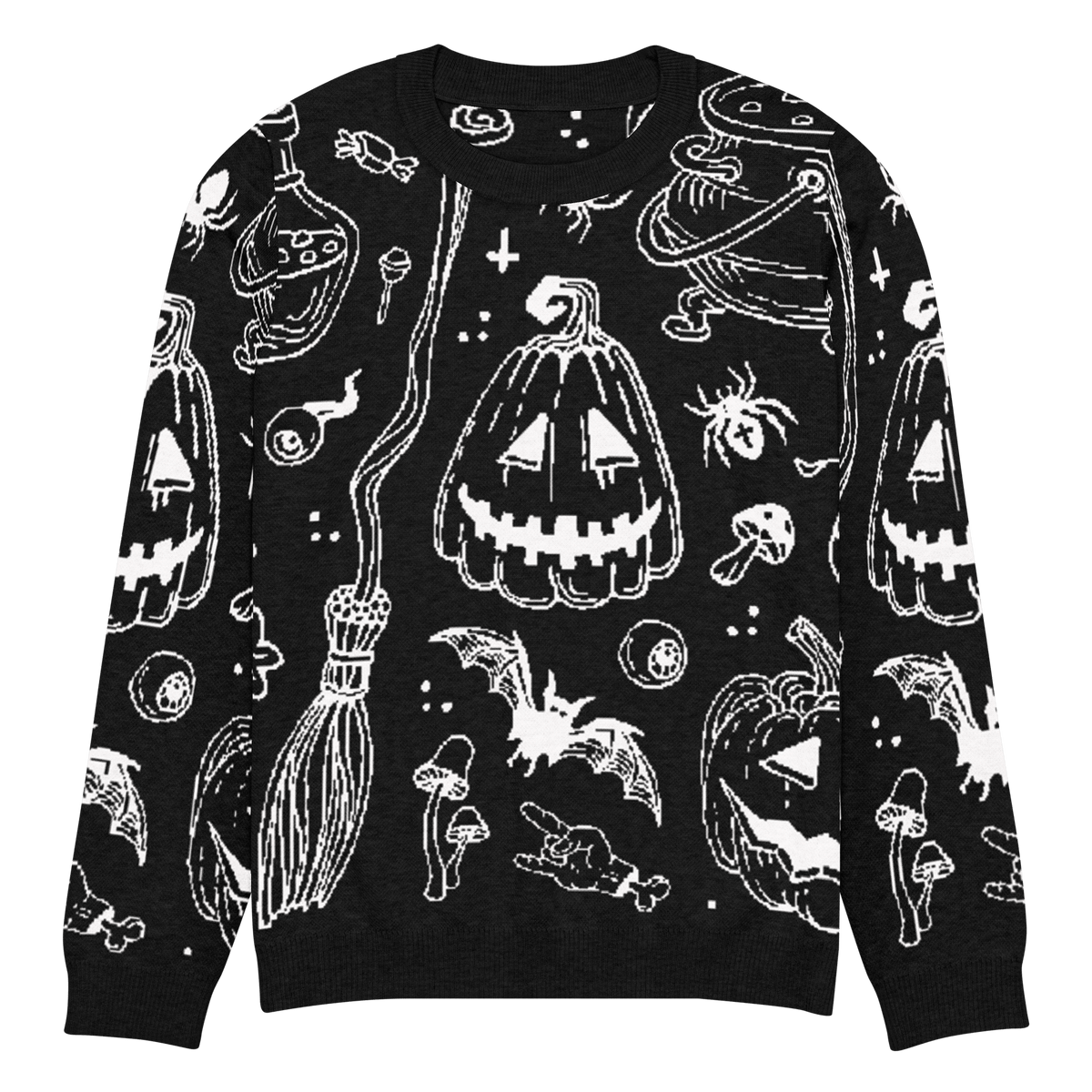 Black knit crewneck sweater with long sleeves and white Halloween-style character graphic print