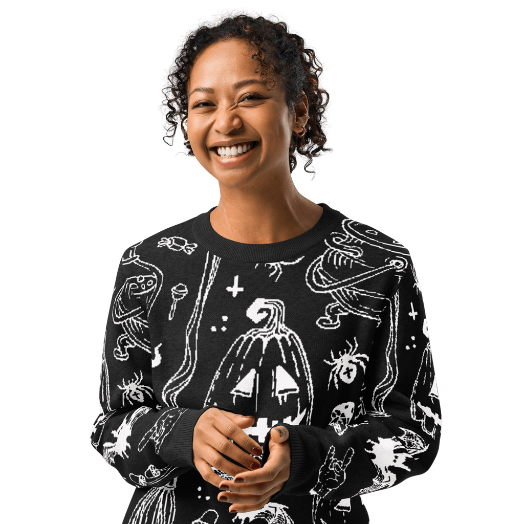 Black Halloween graphic knit crewneck sweater with long sleeves and ribbed cuffs
