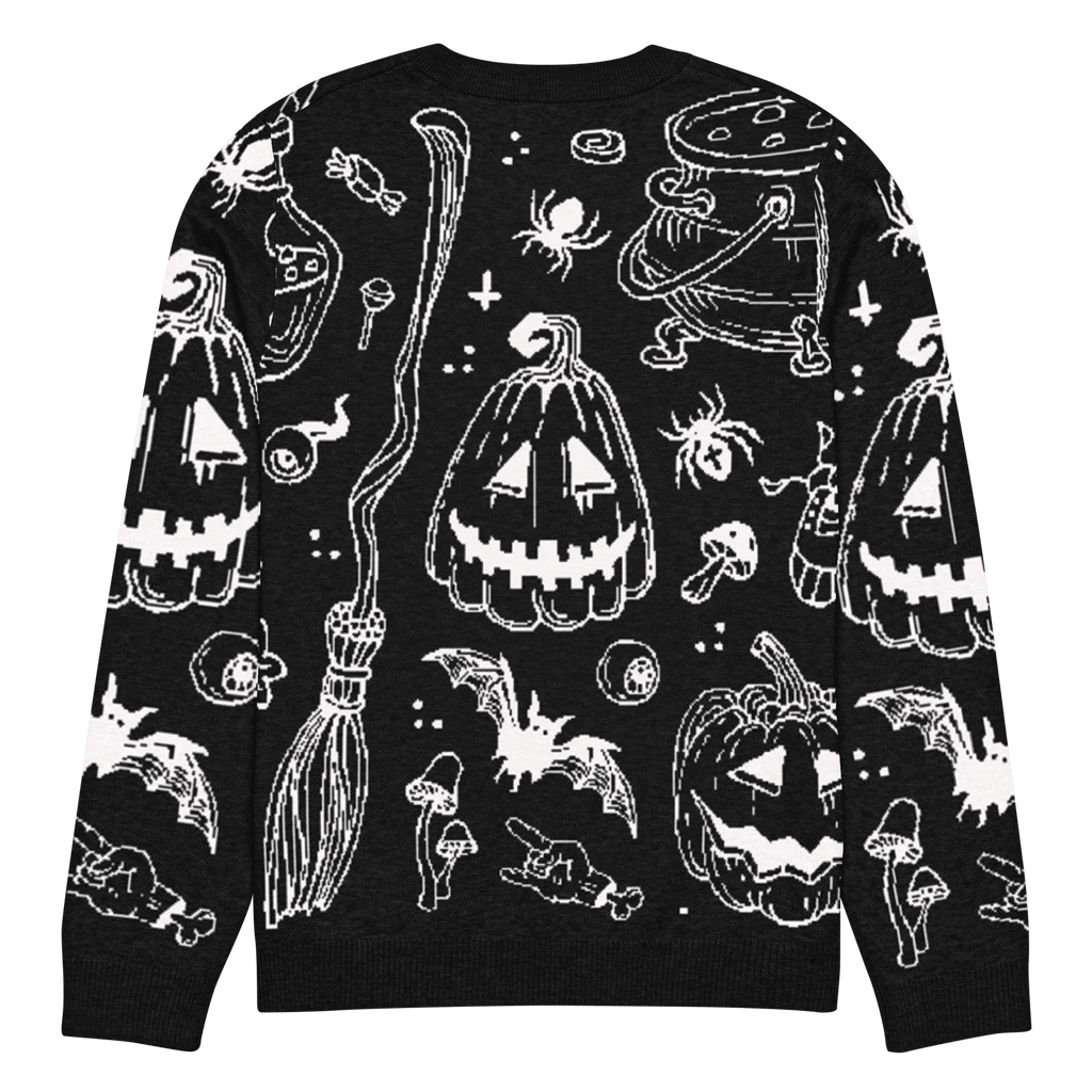 Black knit crewneck sweater with white Halloween character and ghost graphic pattern