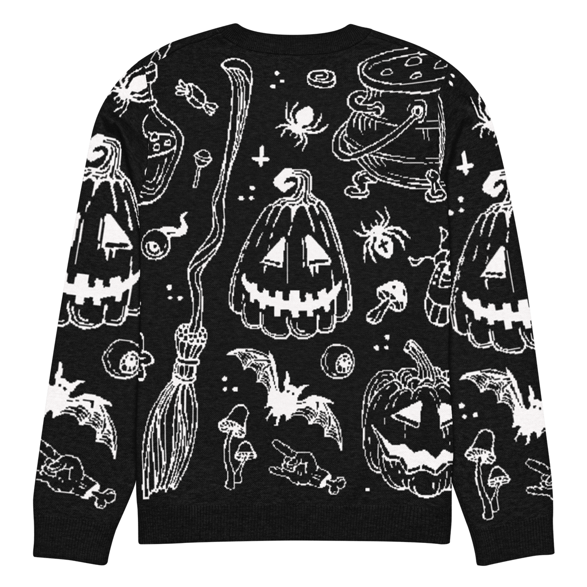 Black knit crewneck sweater with white Halloween character and ghost graphic pattern