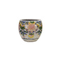 Terracotta round planter with crackle glaze floral motif in blue, yellow, and orange