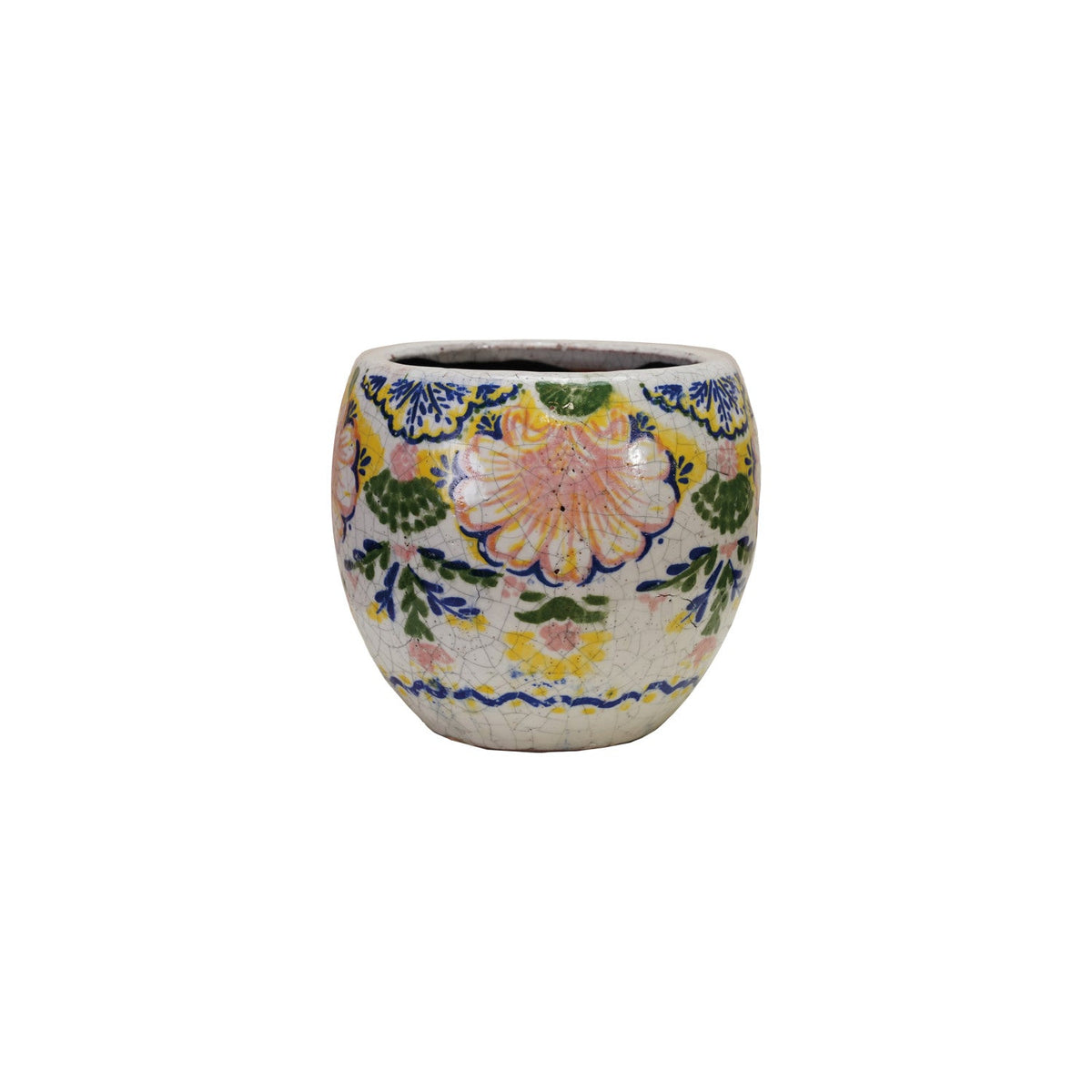 Terracotta round planter with crackle glaze floral motif in blue, yellow, and orange