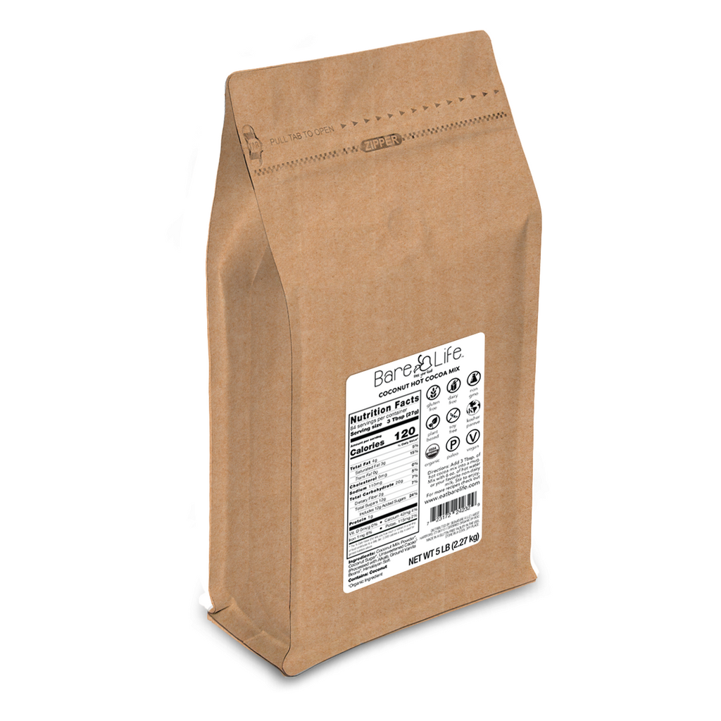 Dairy-free coconut hot cocoa mix bulk bag, brown kraft paper with front label