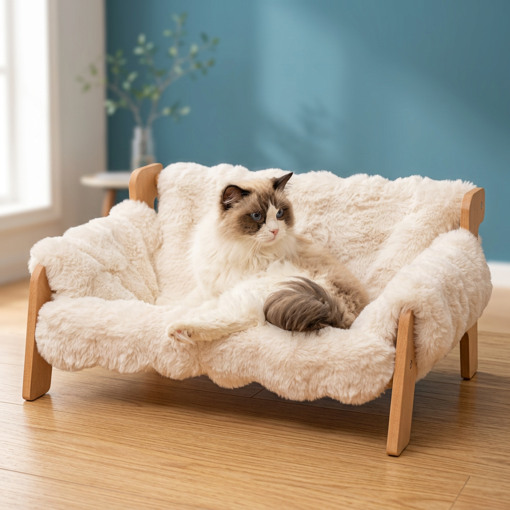 Elevated wooden cat couch bed with a fluffy cream cushion and raised sides.