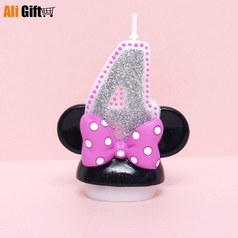 Glitter number candle for kids with pink bow, black mouse ears, white wick