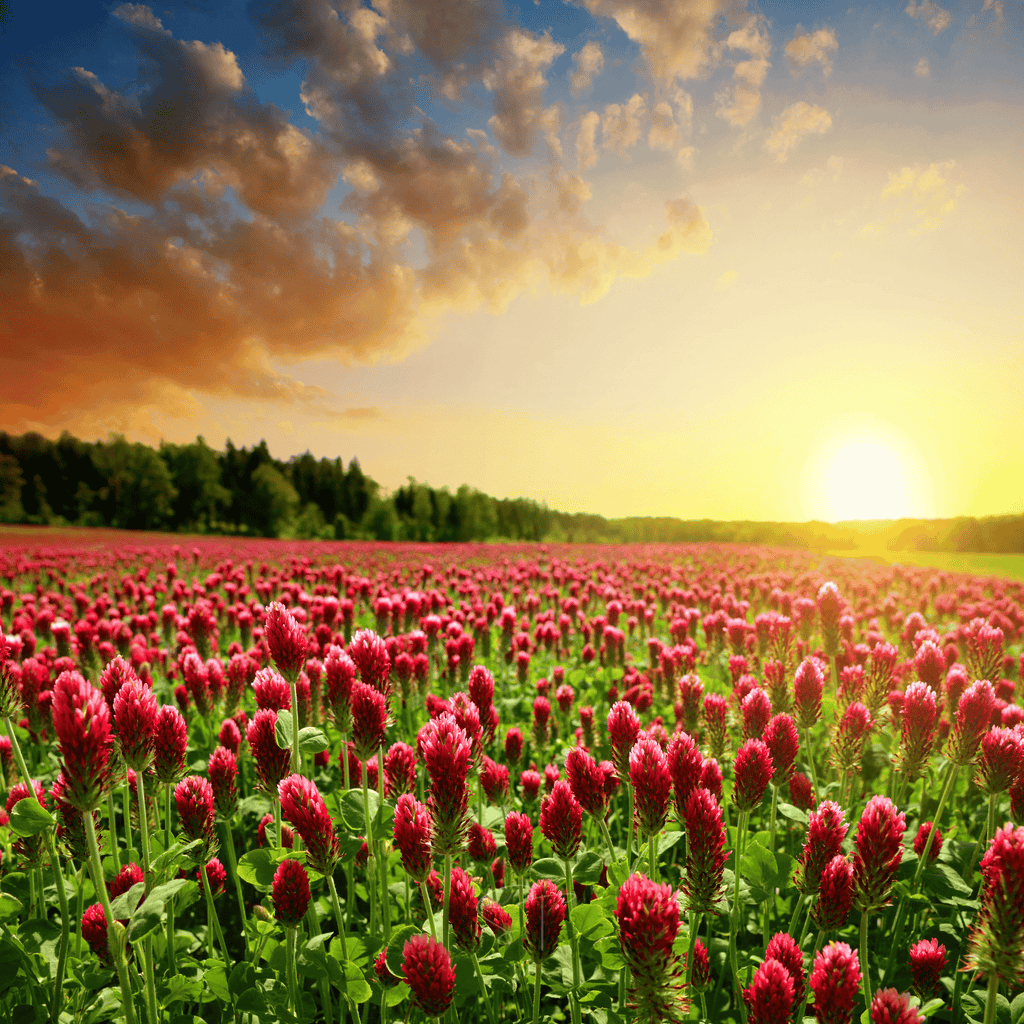 Crimson clover flower heads in a dense blooming field