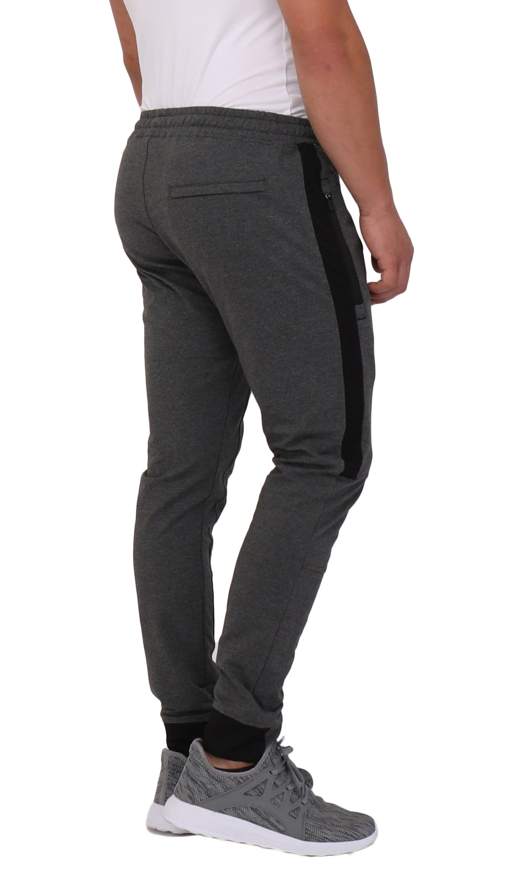 Dark heather grey jogger with side stripe, tapered leg, and elastic cuffs