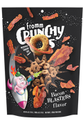 Fromm Crunchy O's Bacon Blasters dog treats bag, dark package with bacon shapes