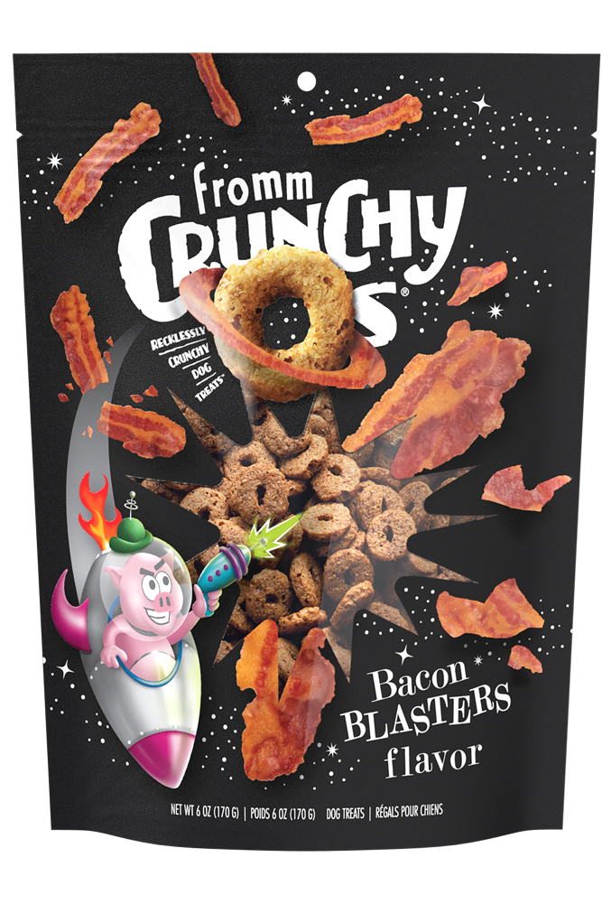 Fromm Crunchy O's Bacon Blasters dog treats bag, dark package with bacon shapes