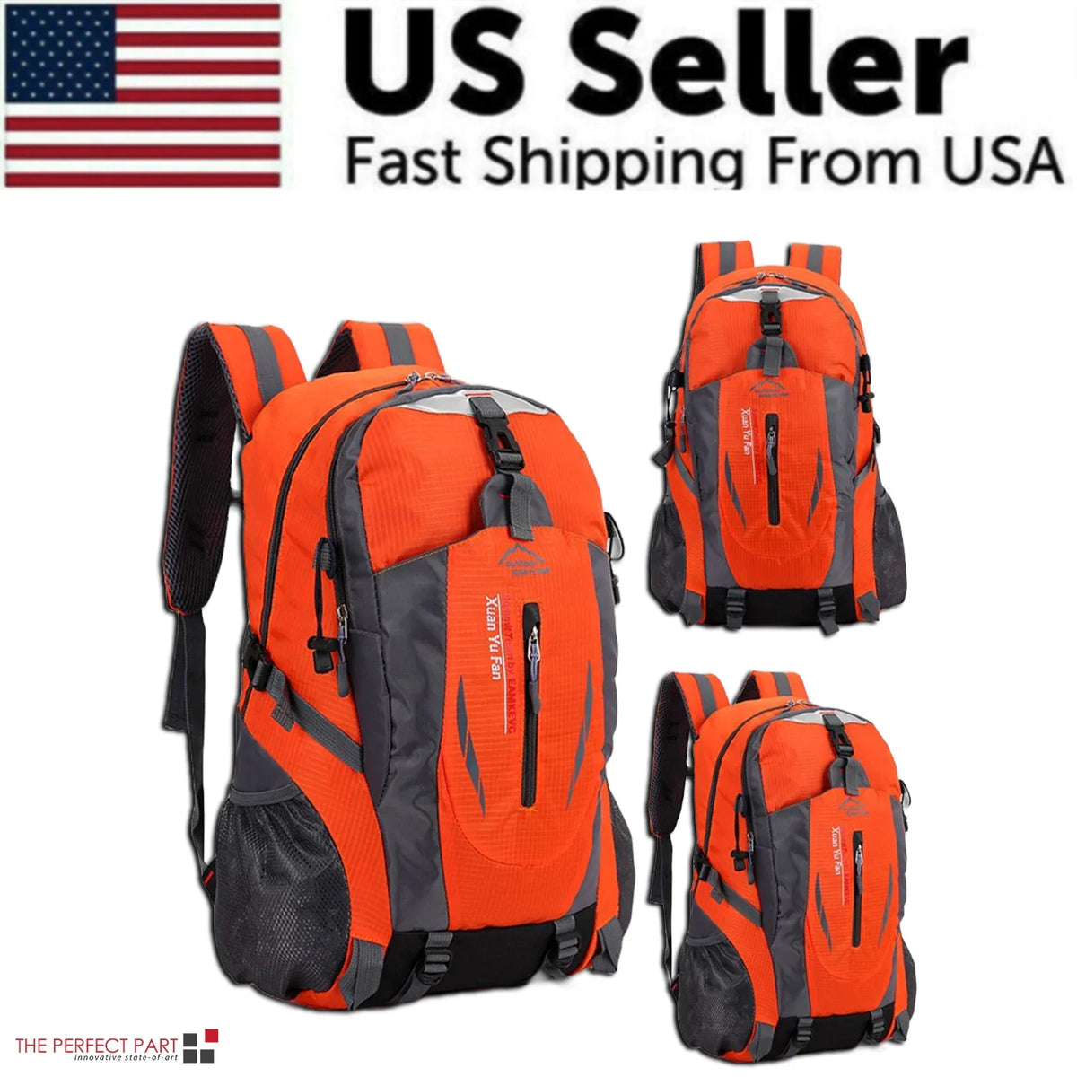 Orange travel backpack with black accents, front zipper, padded shoulder straps, side mesh pockets