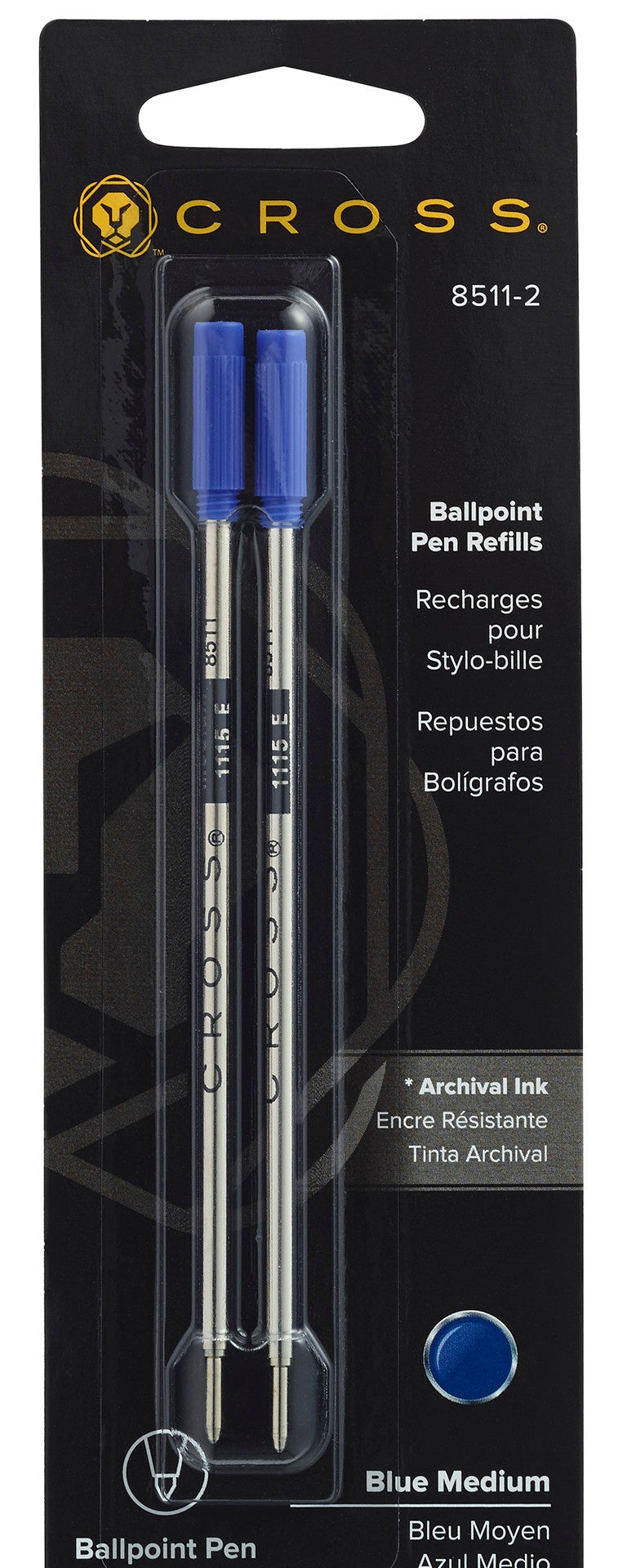 Cross ballpoint pen refill blister pack showing two blue medium refills
