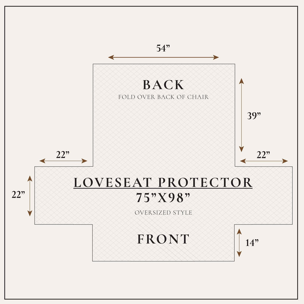 Loveseat protector sizing diagram: front 75x98 oversize, back folio over chair
