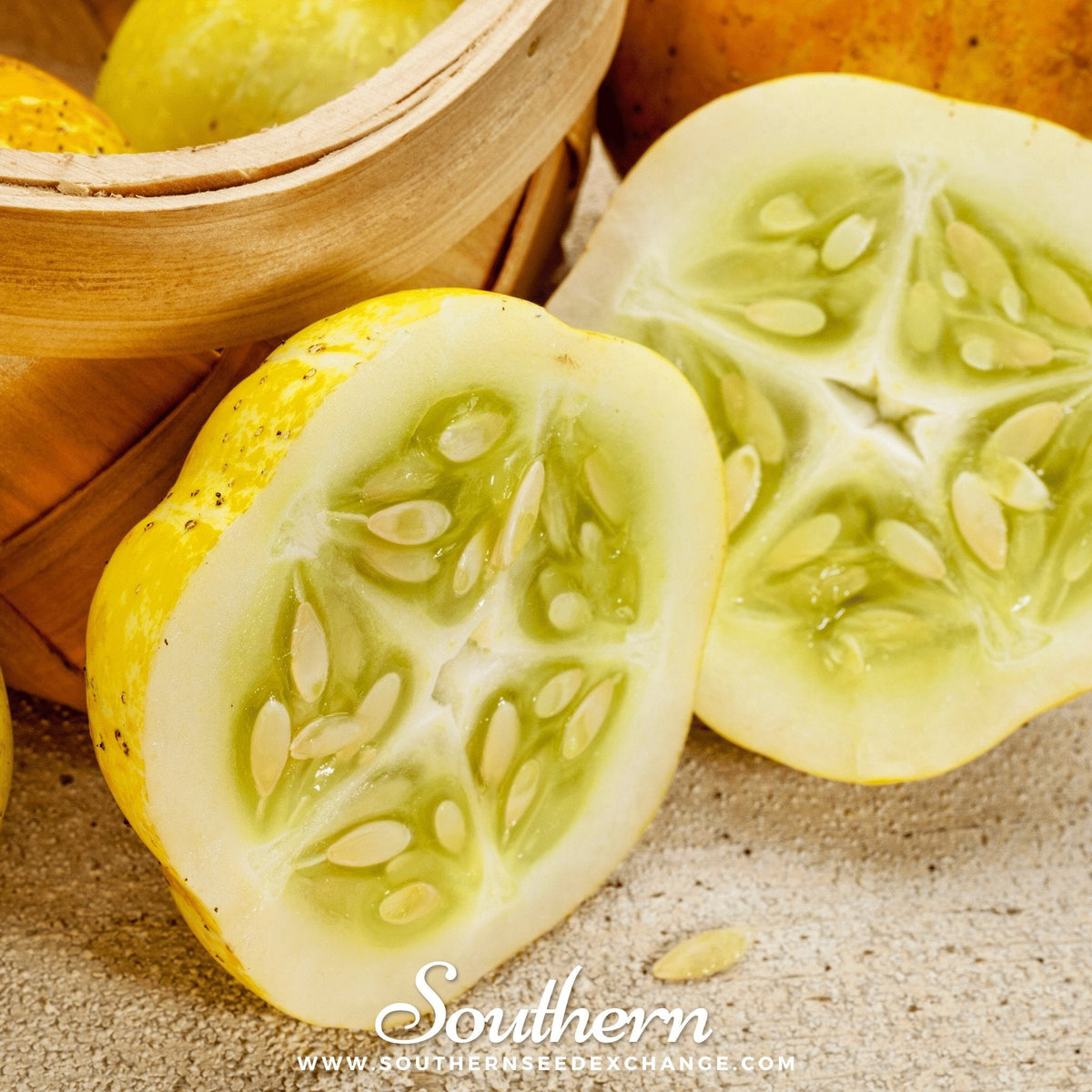 Sliced lemon cucumber showing pale green interior and seed pockets