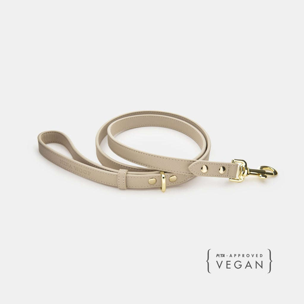 4ft vegan leather dog leash, beige with gold-tone buckle and swivel clasp