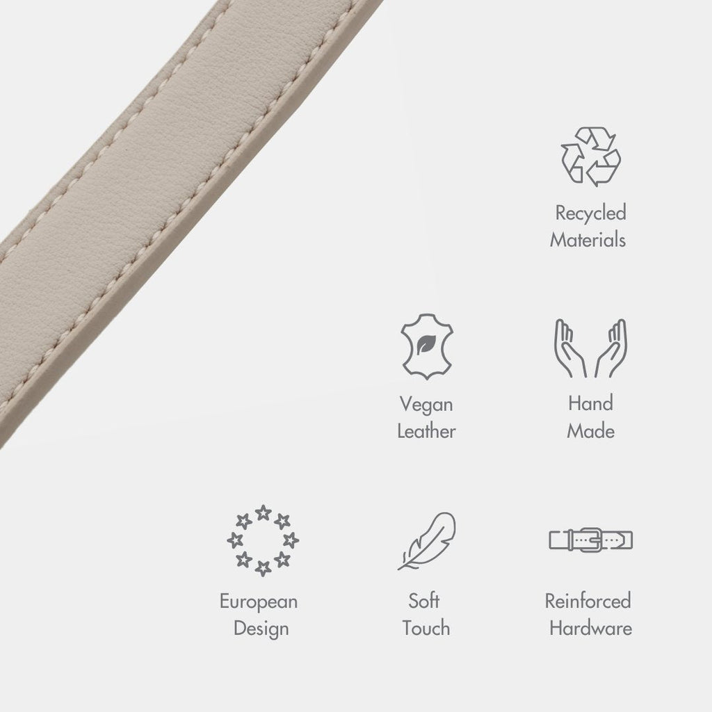 Close-up of beige vegan leather leash strap edge and stitching