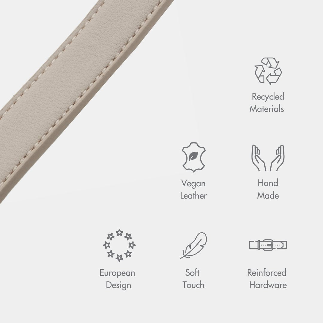 Close-up of beige vegan leather leash strap edge and stitching
